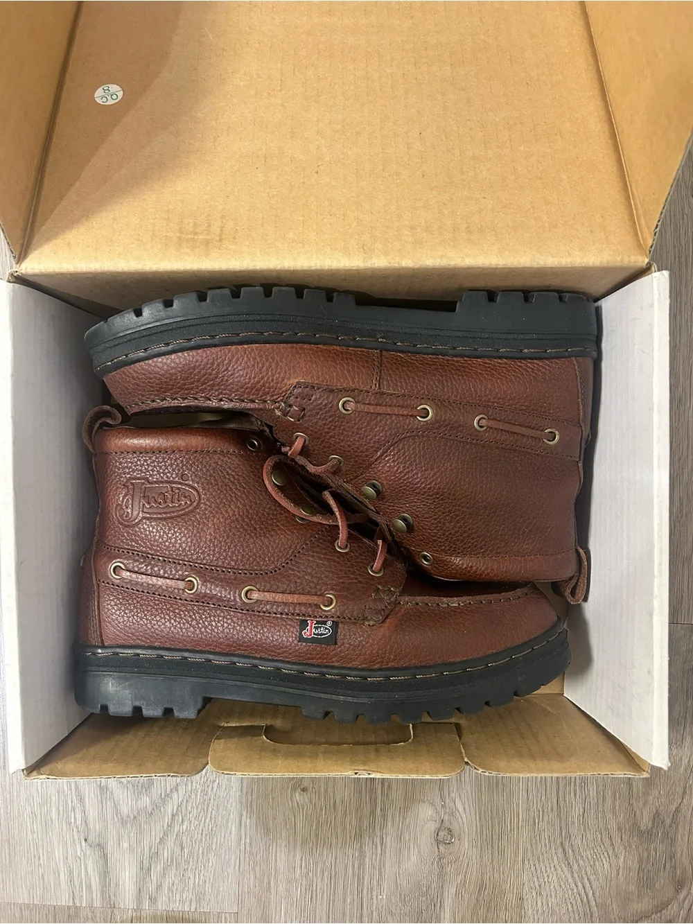Justin Boots Brown Leather Lace-Up Work Boots with Black Lug Soles
